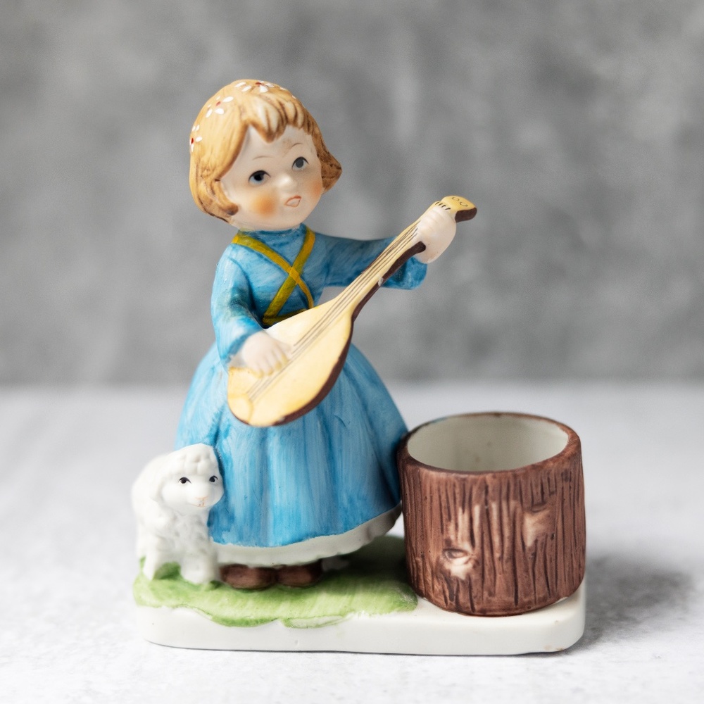 Luvkins CMA Taiwan girl with lute lamb votive candle holder porcelain ceramic